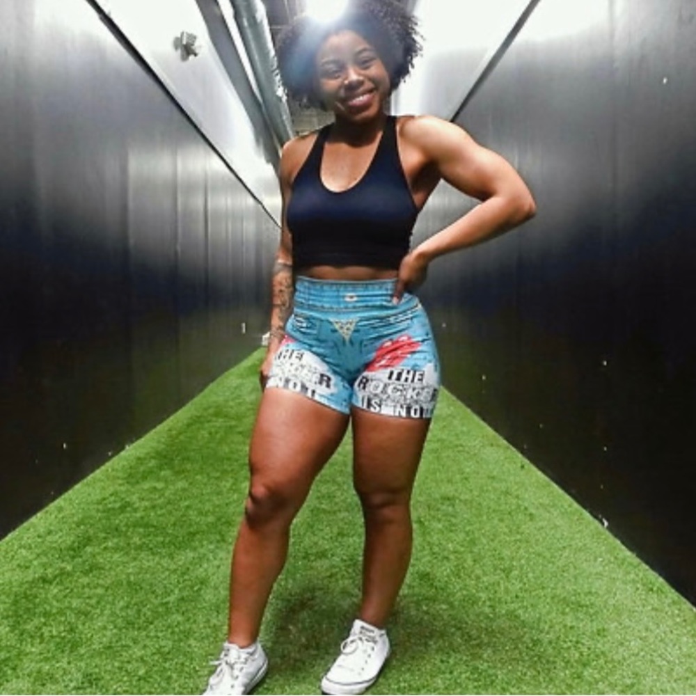 Love Me Faux Denim Biker Shorts, Sky Blue/Red Heart